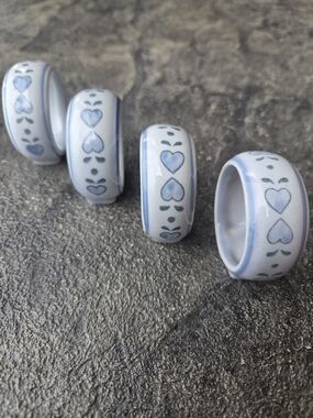 Vintage Kemp & Beatley French Country Blue Heart Ceramic Napkin Rings - Set of 4